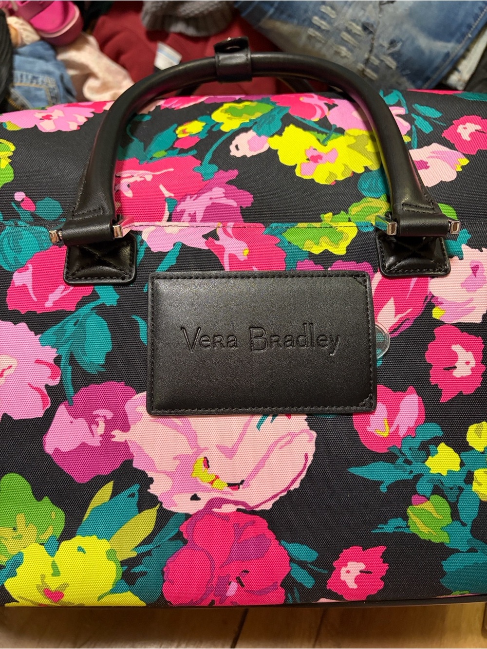 Vera Bradley Black Floral Travel Weekender in Pink, Green & Teal